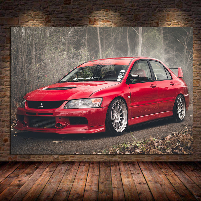 Interior Design Sketch - Supercar โปสเตอร์ Lancer Evo รถสีแดงพิมพ์คลาสสิก Sportscar