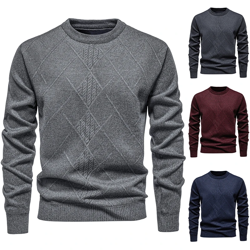 Interior Design Warm - เสื้อสเวตเตอร์ผู้ชายคอวี ผ้าหนานุ่ม ลายเพชรสามมิติ ดีไซน์แจ็คการ์ด ด้านในเป็นผ้าฟลีซที่อ่อนโยนต่อผิว เหมาะสำหรับใส่ออกนอกบ้าน