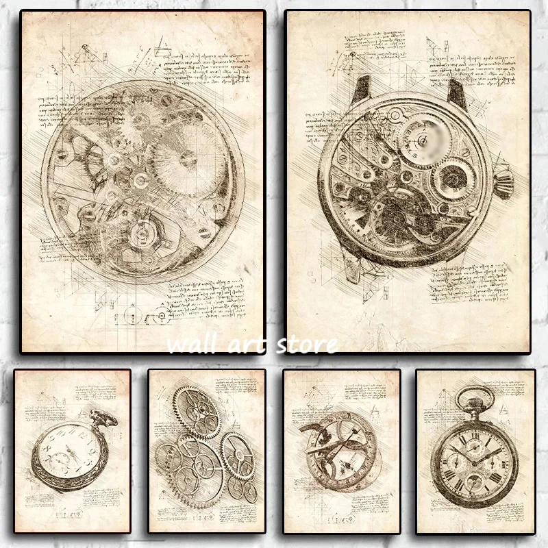 Vintage นาฬิกา Sketch โปสเตอร์ - Interior Design Sketch บทวิจารณ์และราคา